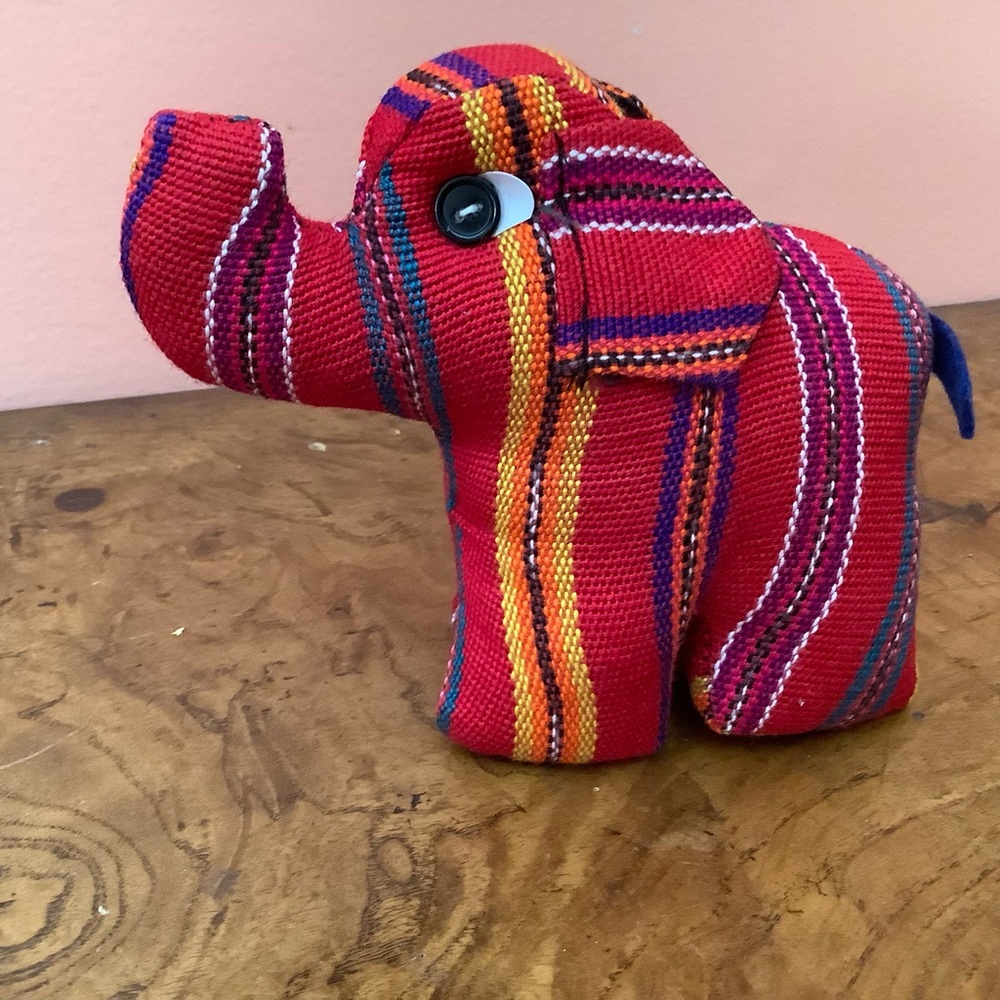 Guatemalan Textile Handwoven Red Striped Elephant Plush Button eyes